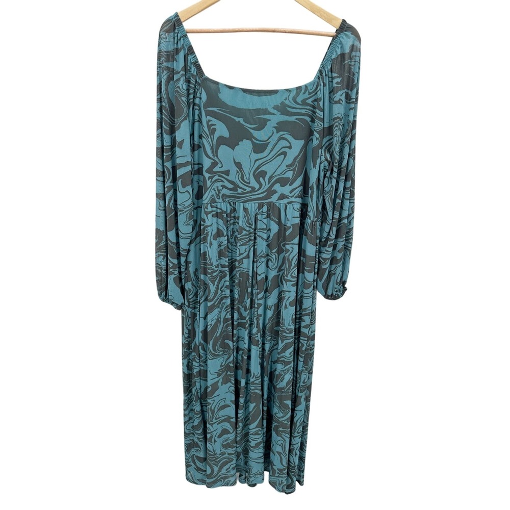 Ava‎ & Viv Womens 1X Blue Marbled Maxi Dress Ruched V Neck Long Sleeve Plus - Picture 3 of 11